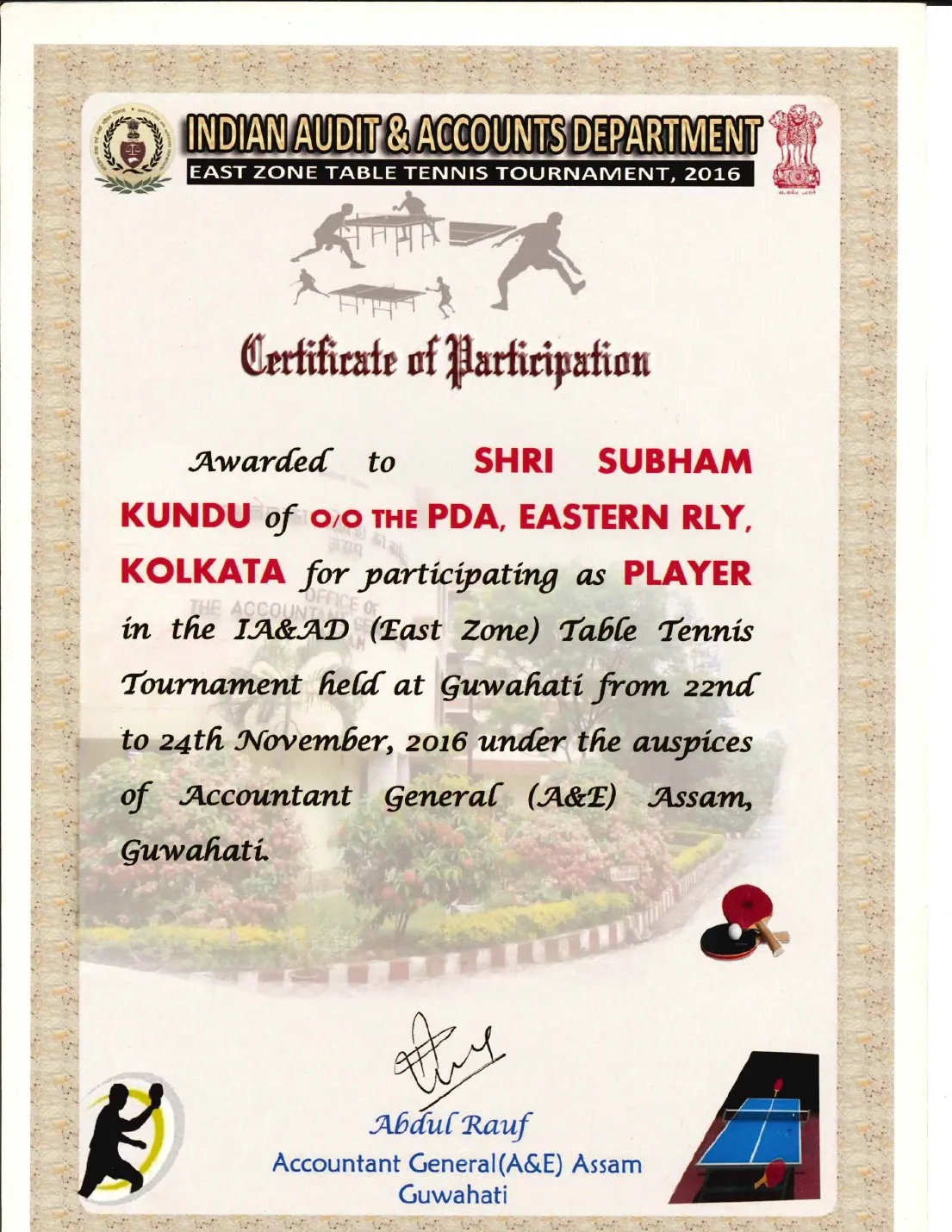 IA&AD East Zone certificate