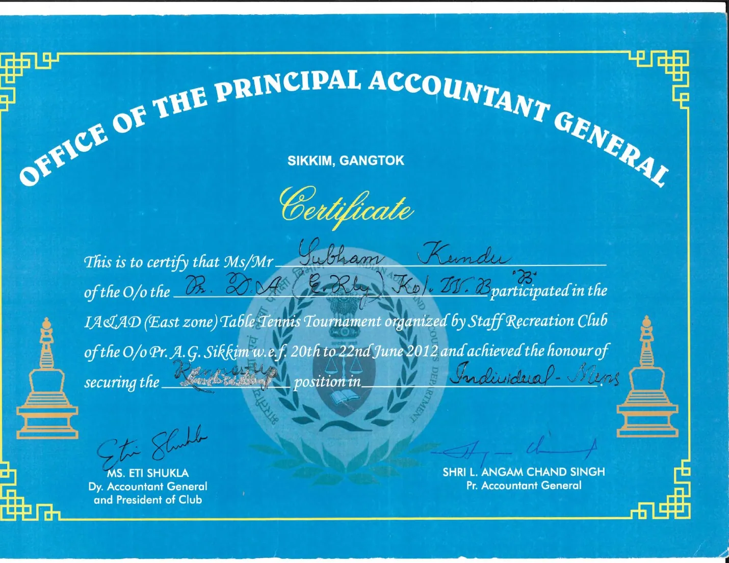 IA&AD East Zone — Runner-up certificate