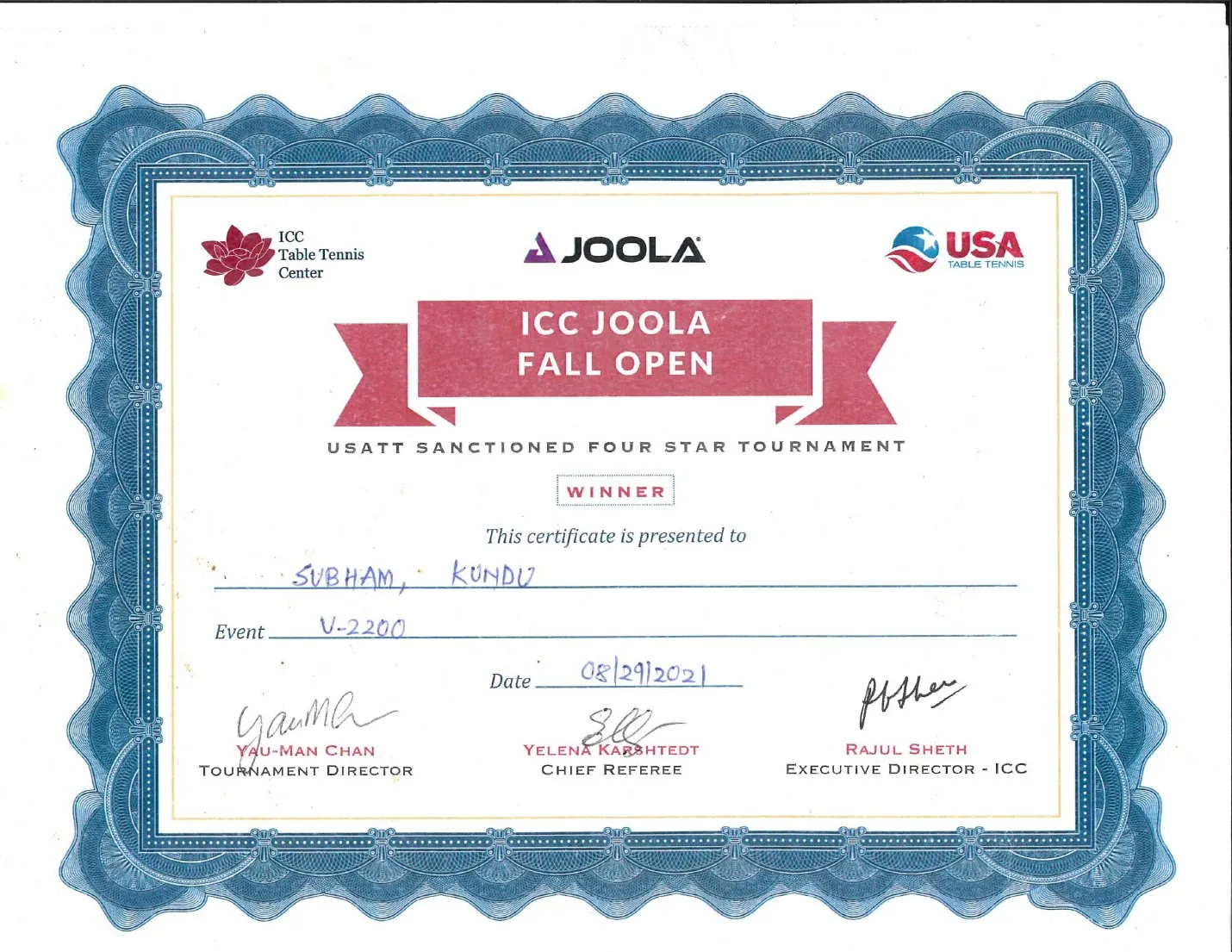 ICC JOOLA Fall Open — Winner certificate