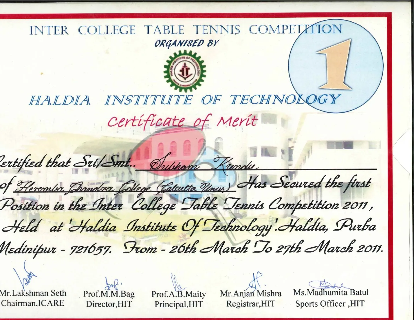 Inter College Championship — First certificate