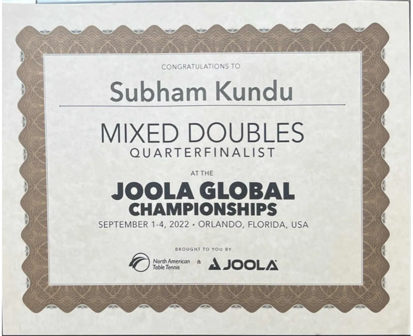 JOOLA Global — Quarterfinalist certificate