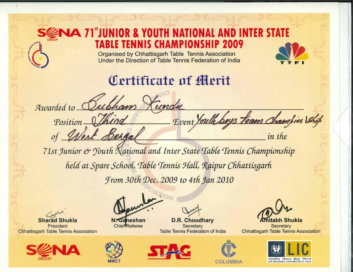 71st Junior & Youth Nationals — Third certificate