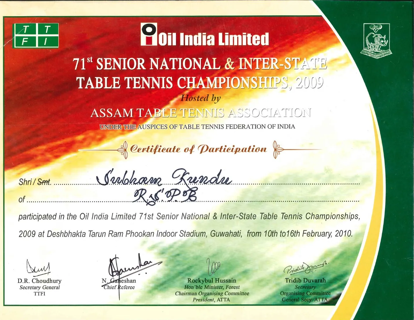 71st Senior Nationals certificate