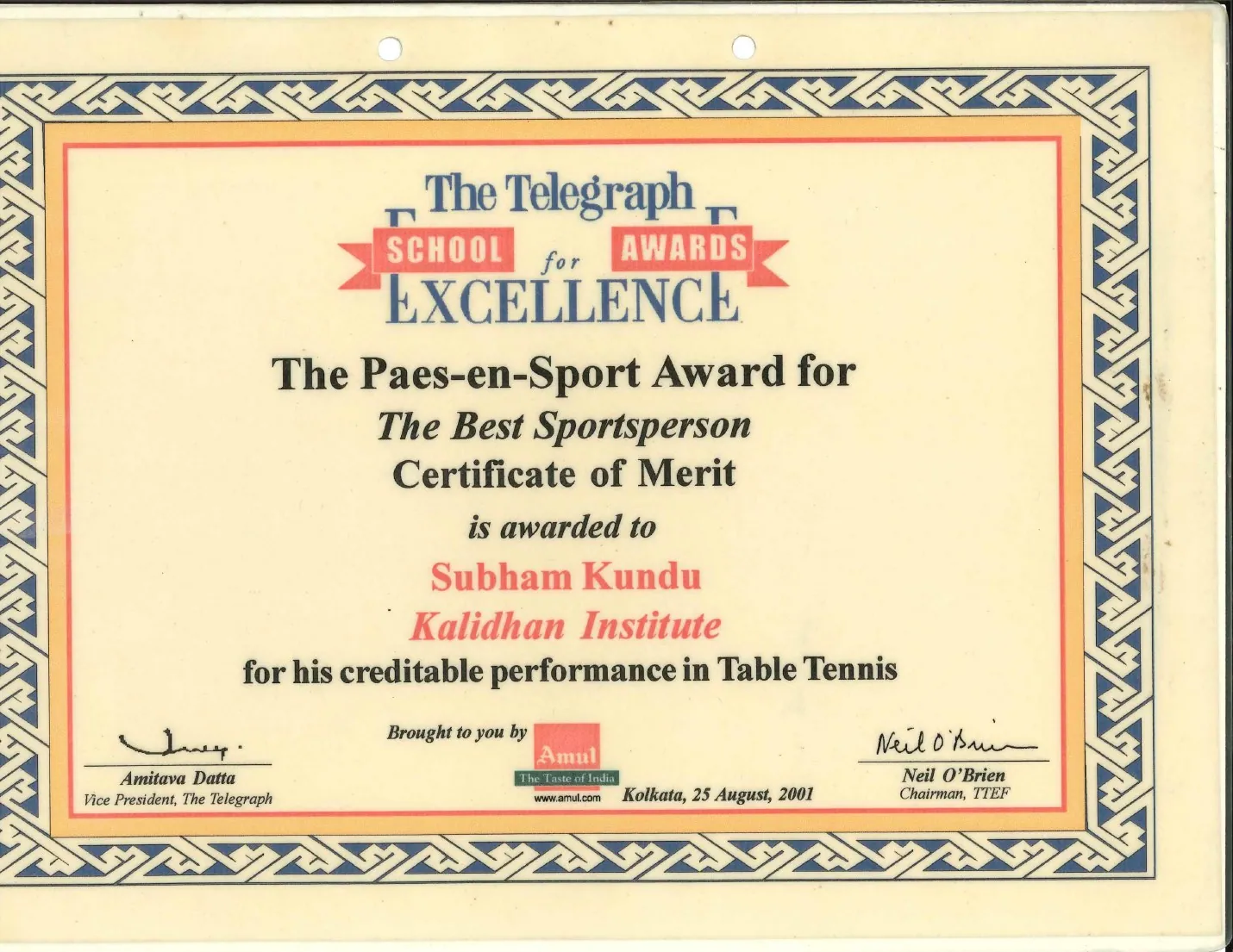 Telegraph Best Sportsperson certificate