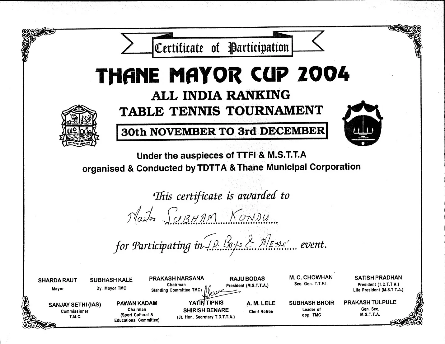 Thane Mayor Cup certificate