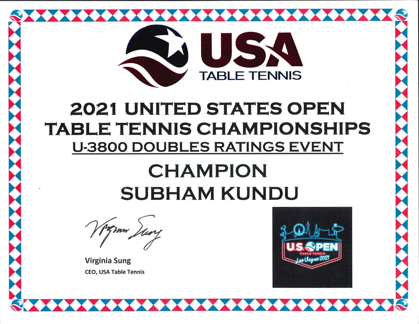 US Open — Champion certificate