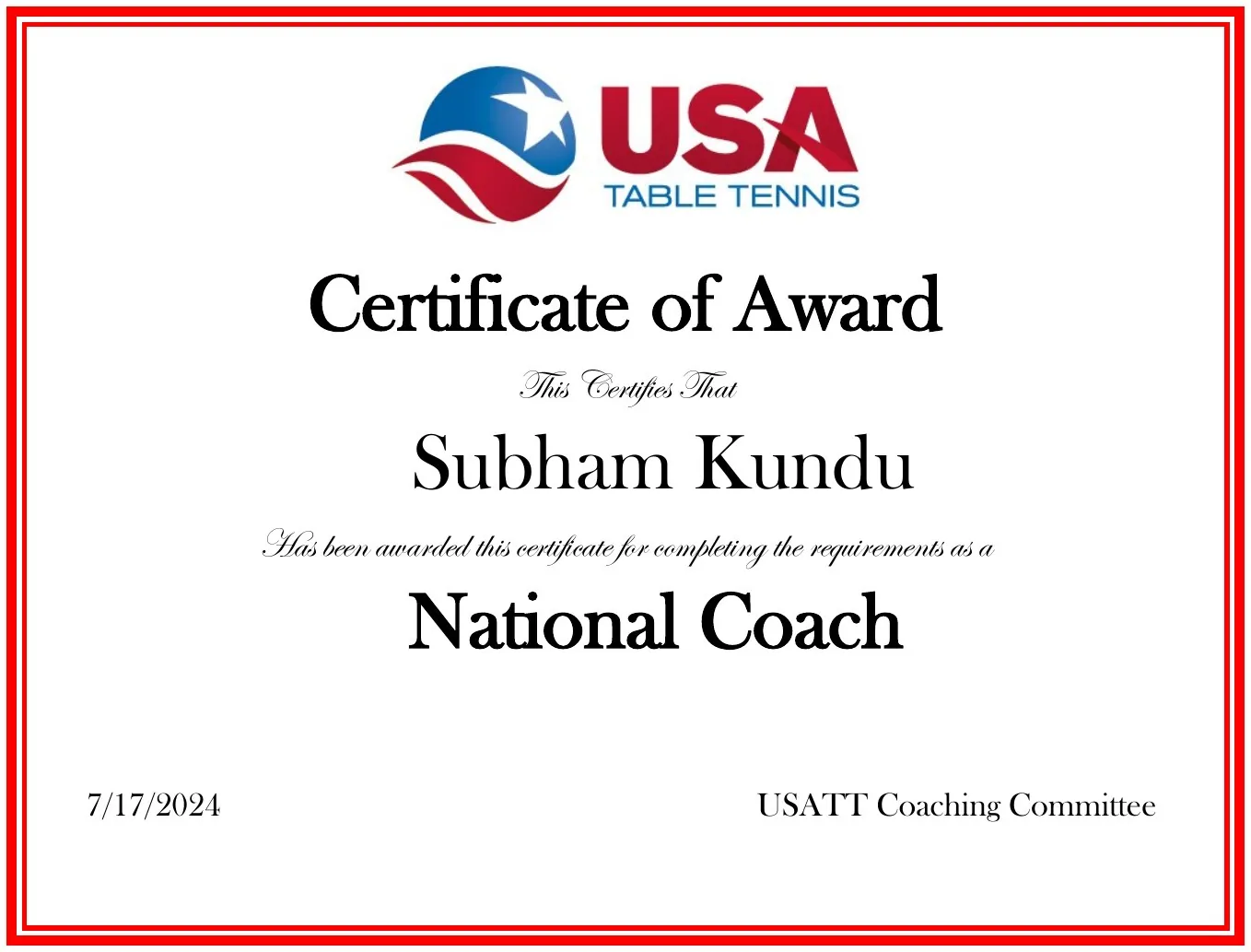 USA Table Tennis Certificate of Award certifying Subham Kundu as a National Coach, dated 7/17/2024, signed by the USATT Coaching Committee