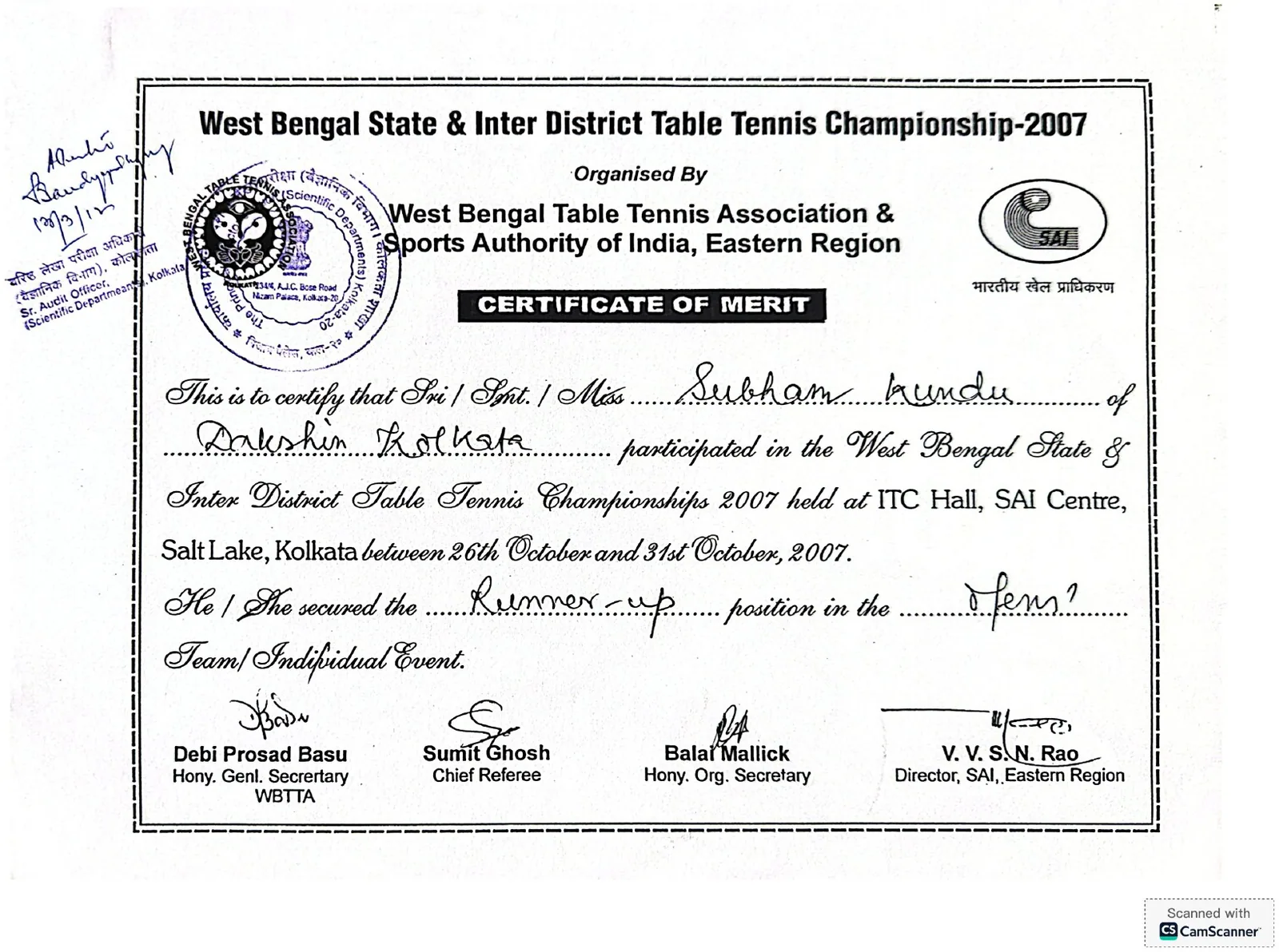 WB State & Inter District — Runner-up certificate