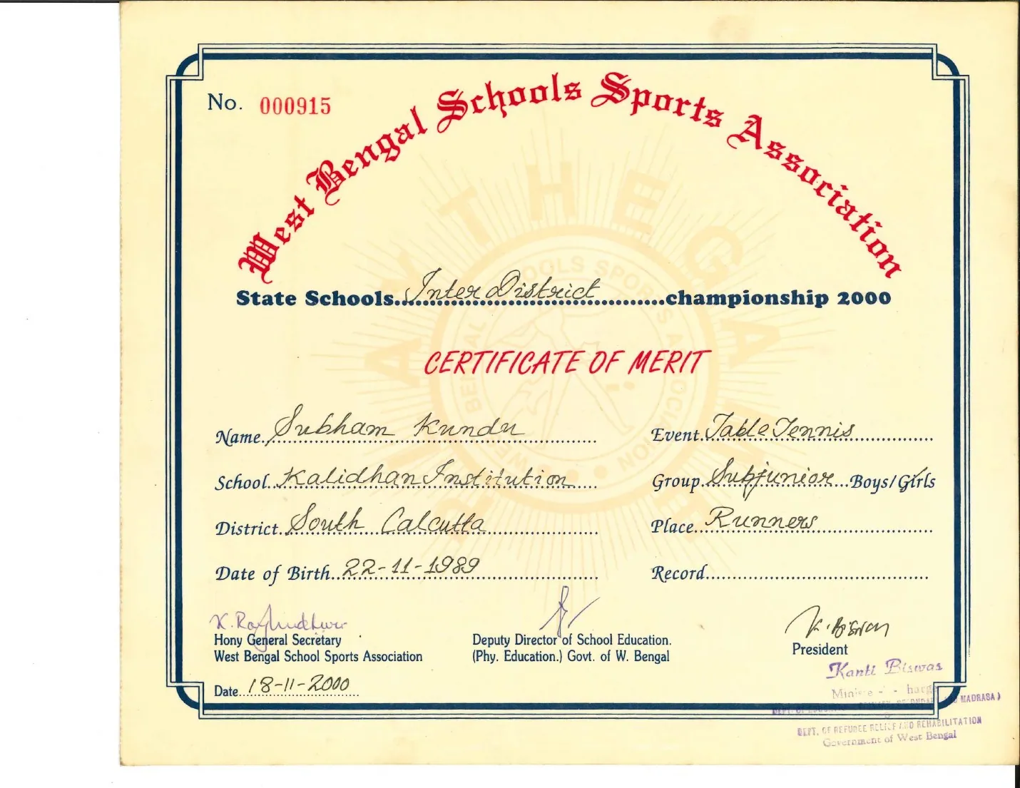 WB Schools — Runners-up certificate
