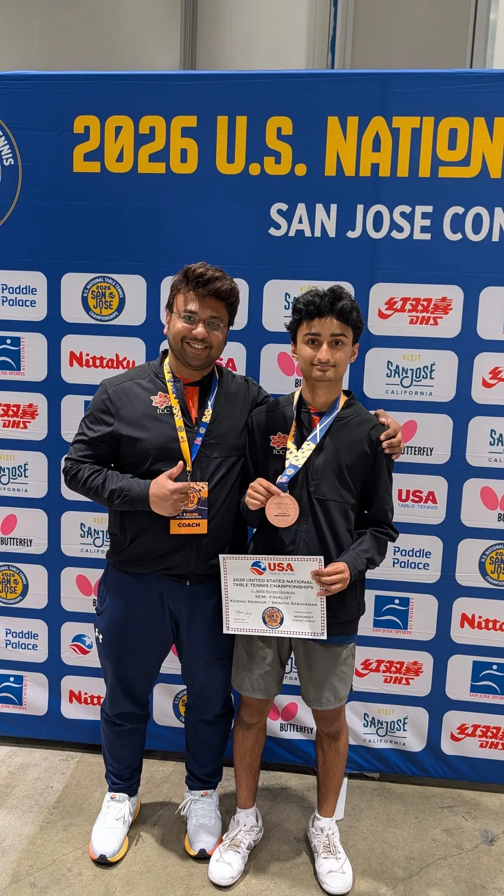 Keshav Sridhar with his bronze medal and certificate beside Subham Kundu at the 2026 U.S. National Championships in San Jose