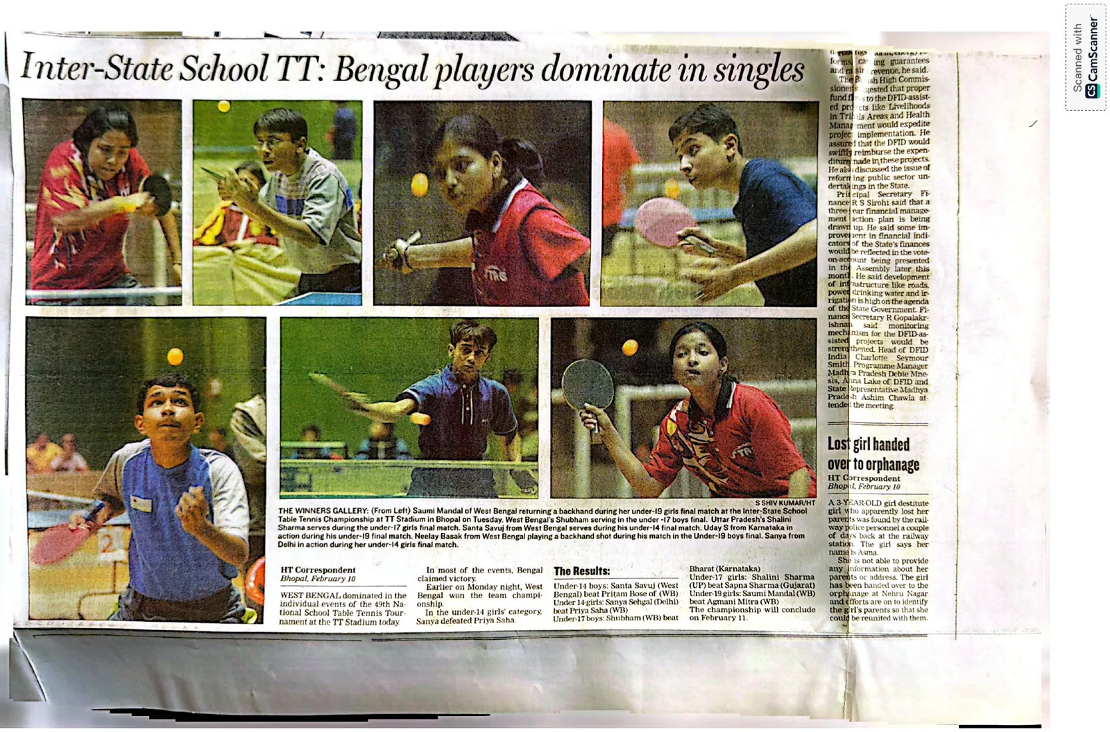 Hindustan Times clipping: Inter-State School TT — Bengal players dominate in singles, 49th National School Games, Bhopal
